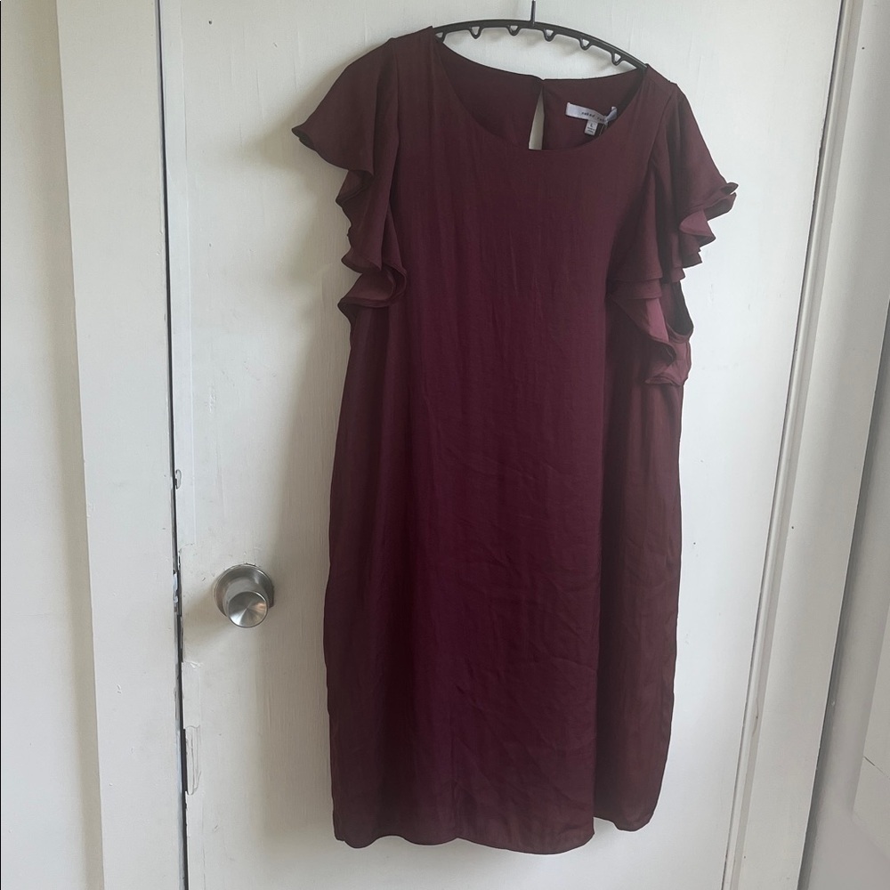 Elegant Burgundy Naked Zebra Ruffle Sleeve Dress Size Large
